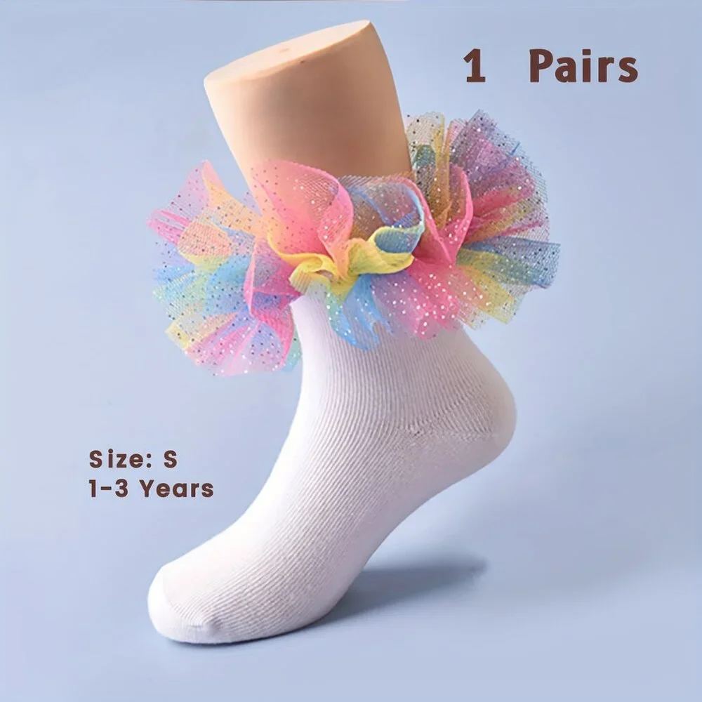 2/$12 Girls Rainbow Tulle Ruffle Socks | White Sparkle Ankle Socks